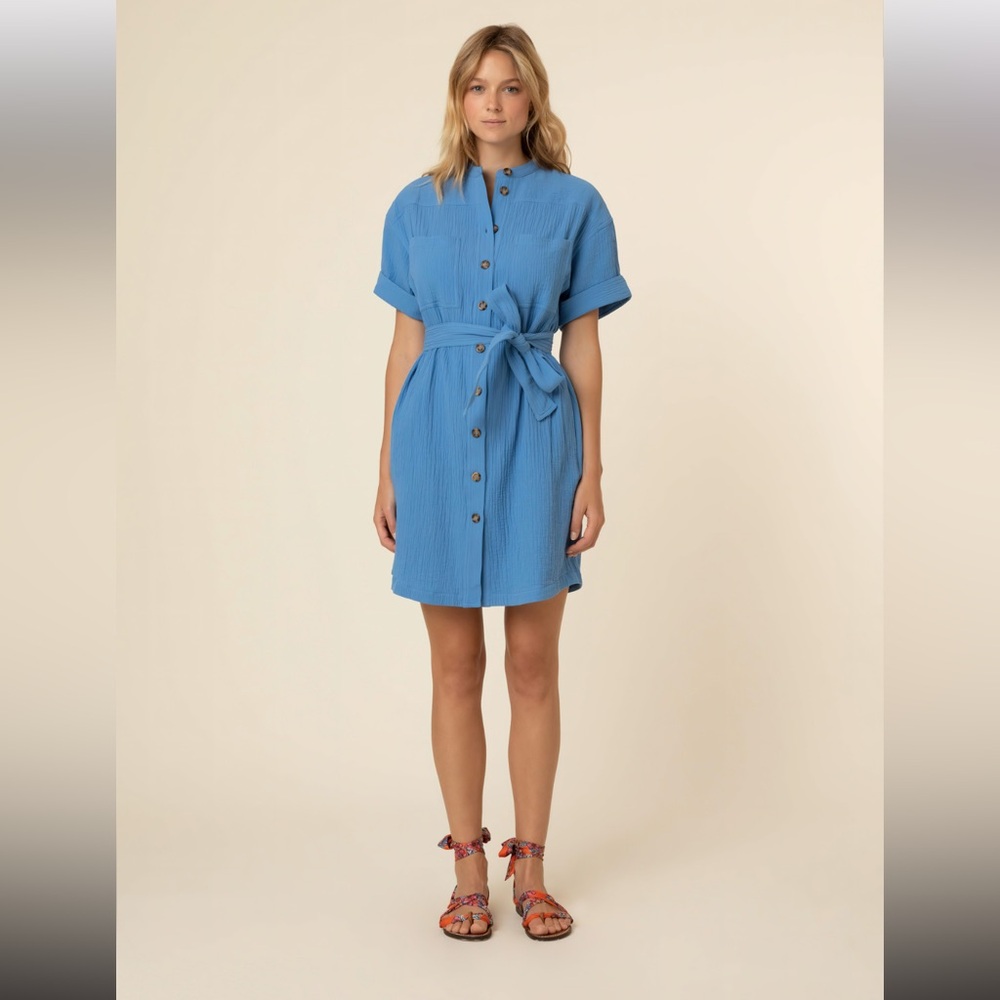FRNCH Fanny blue linen shirt dress